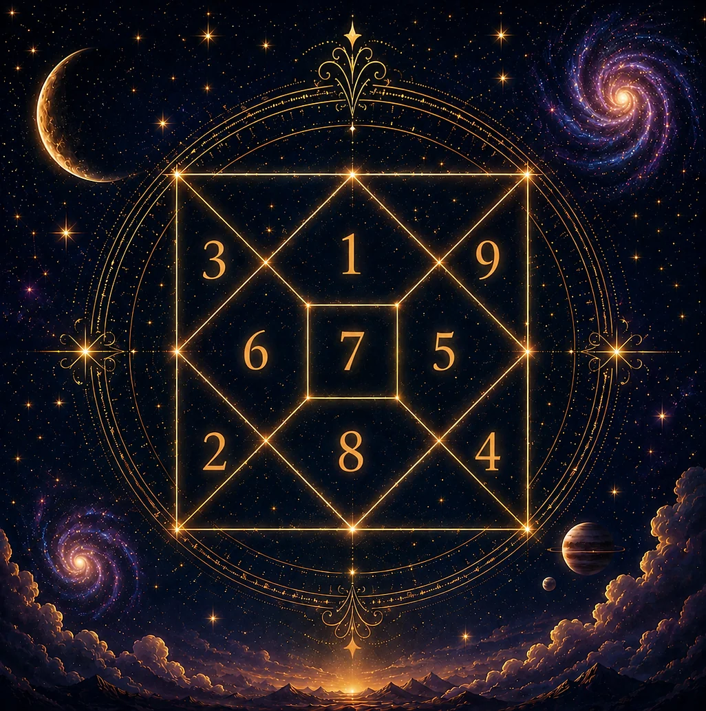 Illustration representing Vedic numerology, a 3x3 numerology grid among the stars
