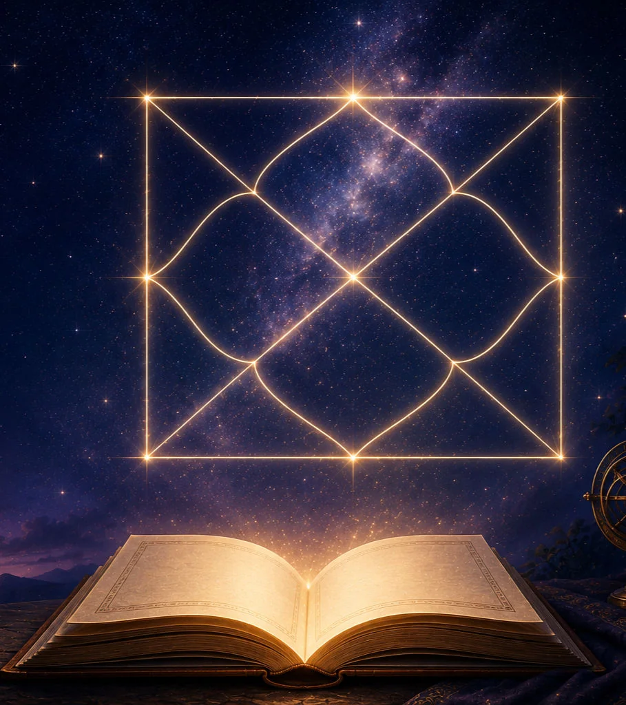 An open book glowing beneath a constellation pattern in a starry sky